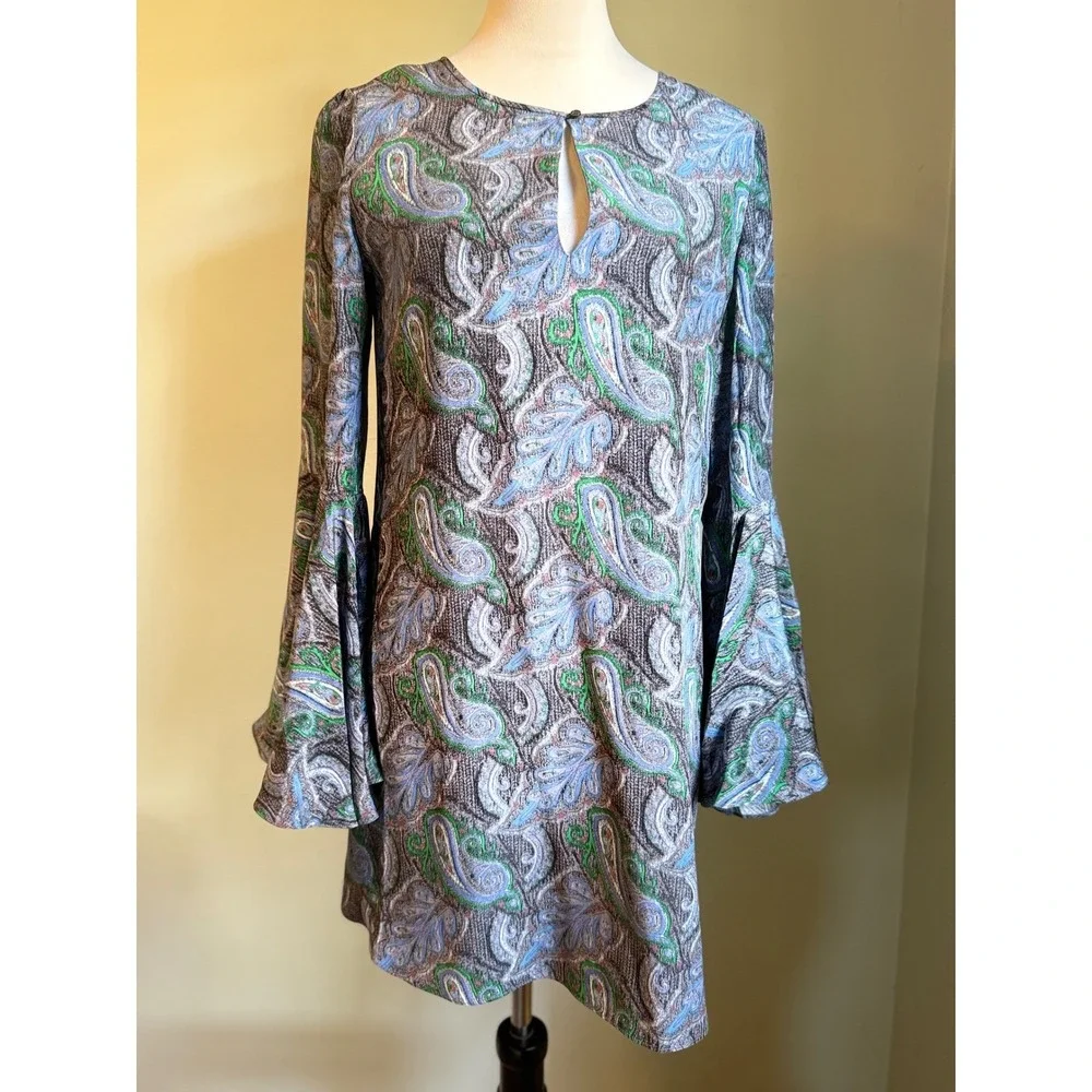 Elizabeth James Paisley boho blue xs Bell Silk Mini Dress‎ cottage fairy Y2K